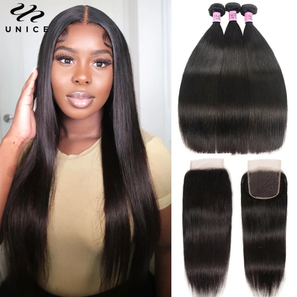 UNice Hair Straight Hair Bundles With 4x4 Lace Closure Natural Color 10A Grade Human Hair Closure With Bundles 2/3/4 PCS Deal