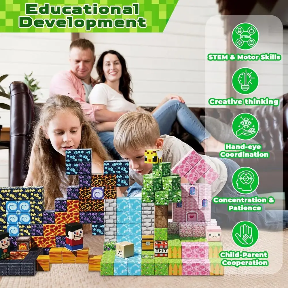Magnetic Building Blocks: 200-Piece Forest & Volcano Adventure Set for STEM Learning, Ages 3+