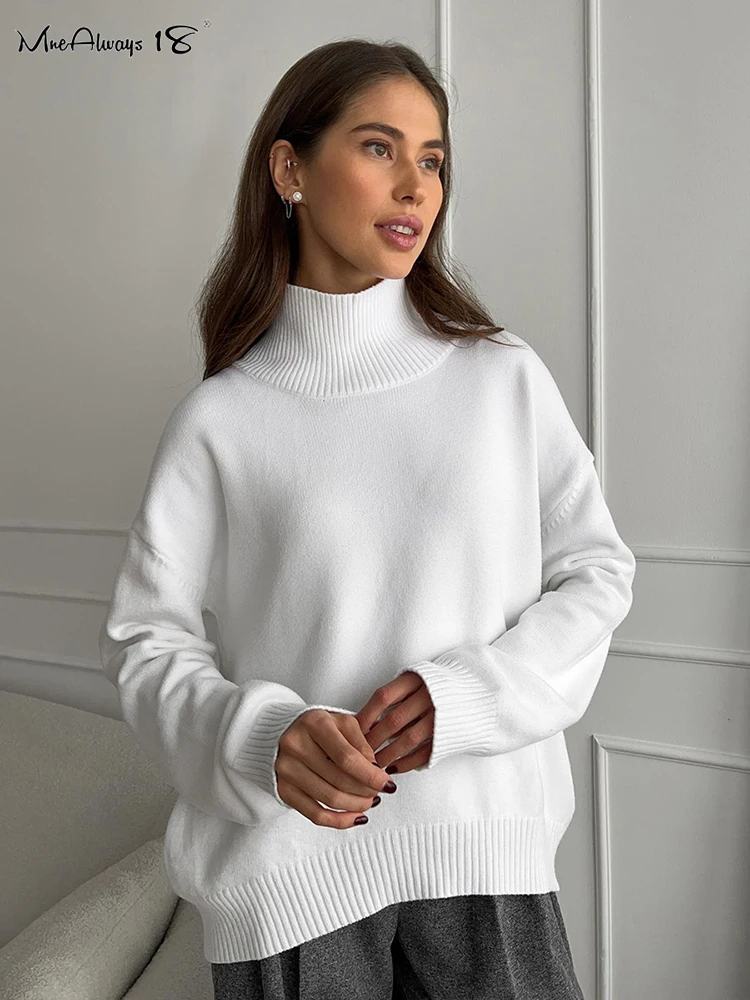 Mnealways18 Half-High Collar Gray Warm Sweater Women Ribbed Knitted Long Sleeves Solid Casual Pullover Tops Autumn Winter 2024