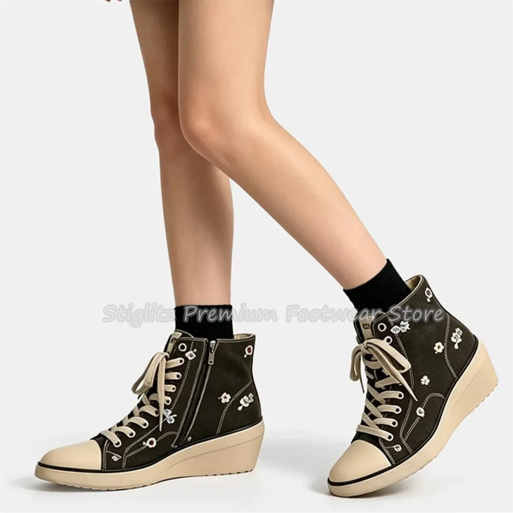 6Cm Wedges Heigh Increasing Embroidery Canvas Shoes Women High Top Lace-Up Pointed Toe Ankle Boots Retro Casual Sport Shoes