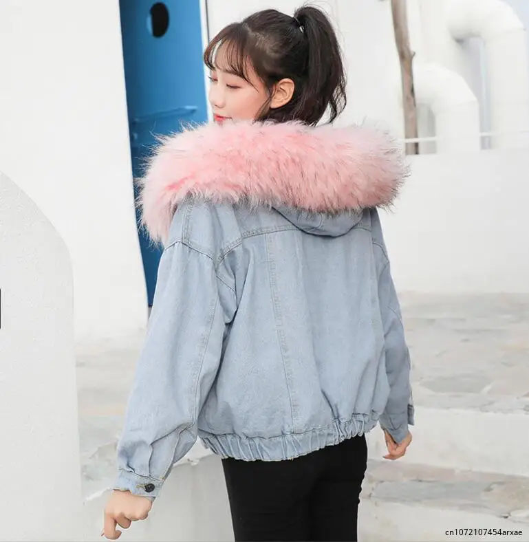 2023 Faux Fur Collar Denim Jacket Women Winter Hooded Warm Jean Coat Student Basic Parkas Female Bomber Jacket