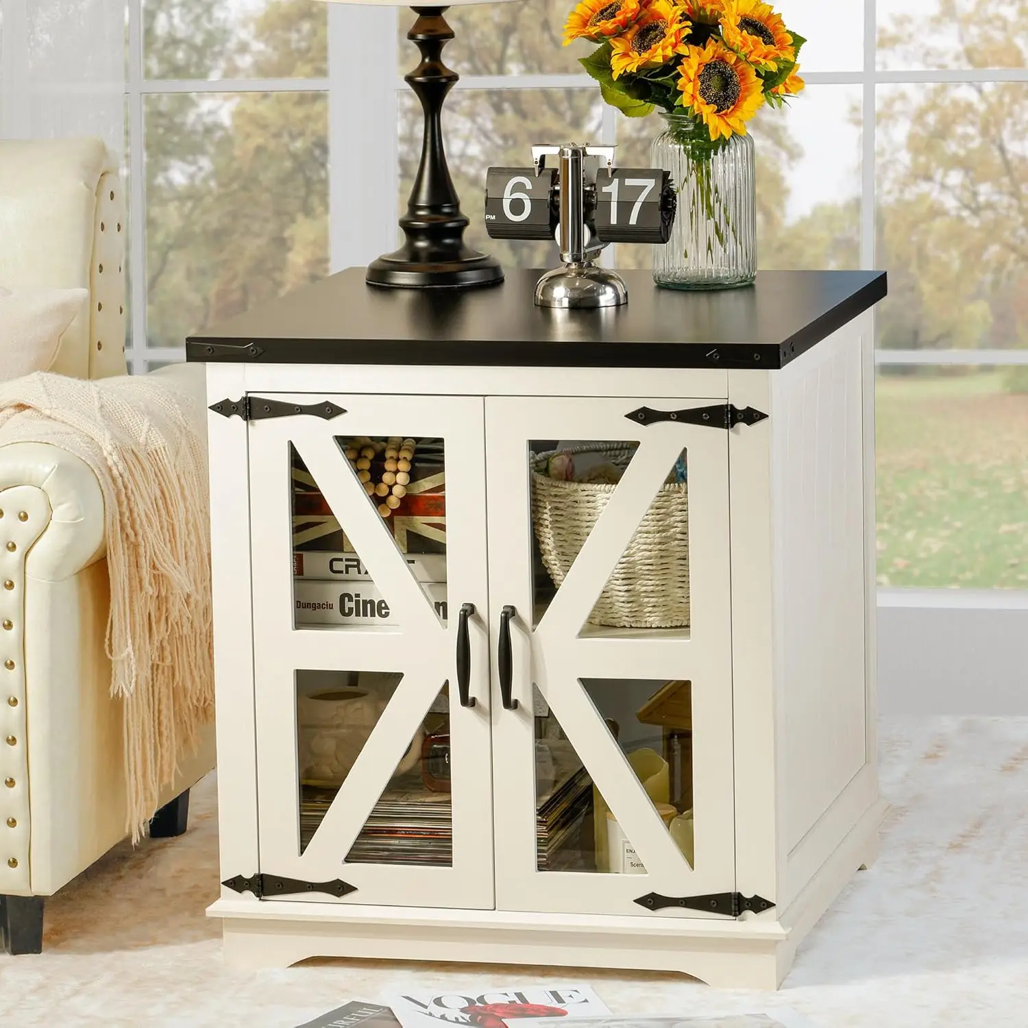 

End Table, 24" Large End Tables with Storage, Rustic Square Sofa Beside Table with Glass Barn Door, Wood Side Table