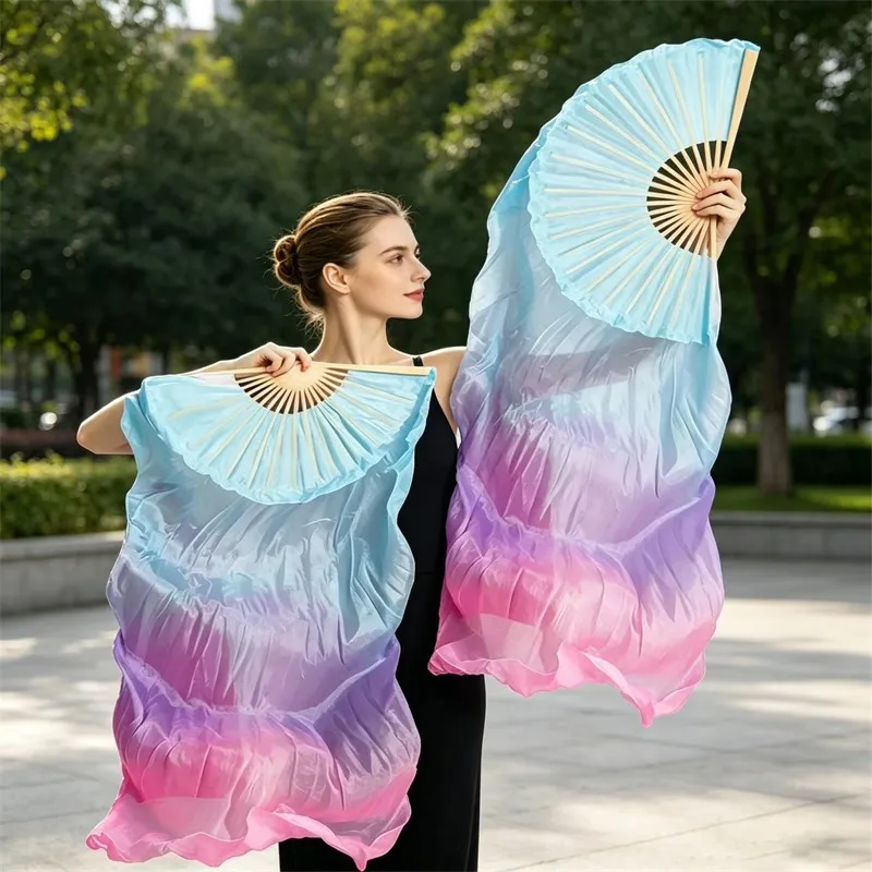 Gradient Color Imitation Silk Dance Fan, Chinese Classical Yangko Dance Hand Fan, Stage Performance Practice Dancing Accessory