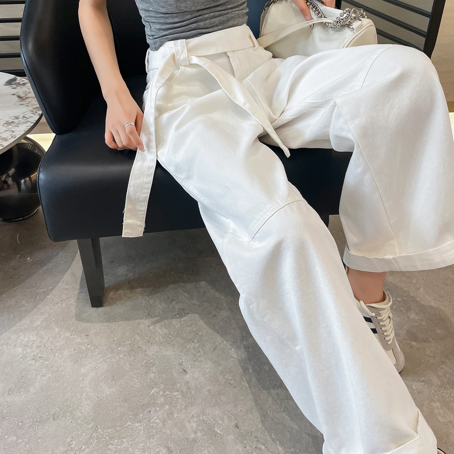 Autumn High Waist Washed Cotton Women's Wide Leg Pants Sashes 2025 New Solid Vintage Casual Loose Straight Trousers Female