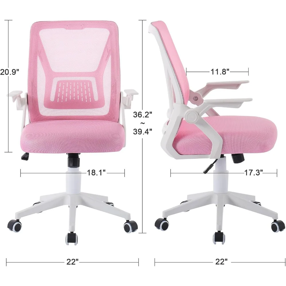컴퓨터 작업을 위한 조절 가능한 팔걸이와 메쉬 요추 지지대가 있는 중간 등받이 회전식 인체공학적 사무실 의자, 핑크색