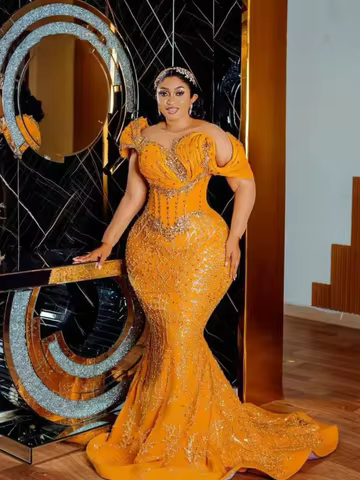 Customized African Orange Mermaid Evening Dress Plus Size Beaded Glitter Women's Party Dress Suitable for Black Girls 2024