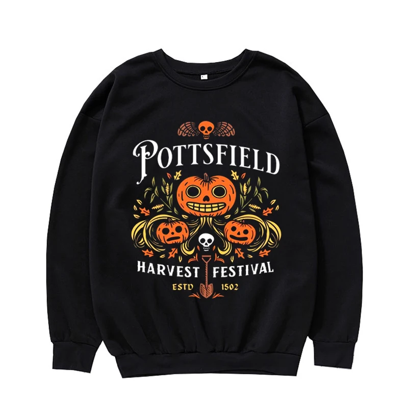 Pottsfield Harvest Festival Sweatshirt, Retro Cartoon Garden Wall,Spooky Season,Halloween Treat,Funny Town,Pumpkin Crew Neck Top