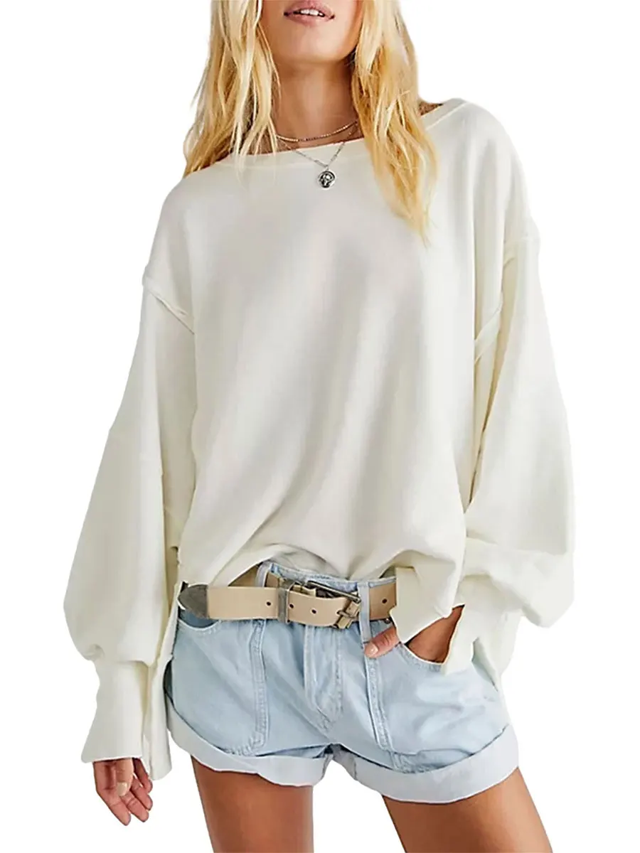 

Women’s Solid Color Sweatshirts Long Sleeve Crew Neck Drop Shoulder Pullover Tops Fall Sweaters