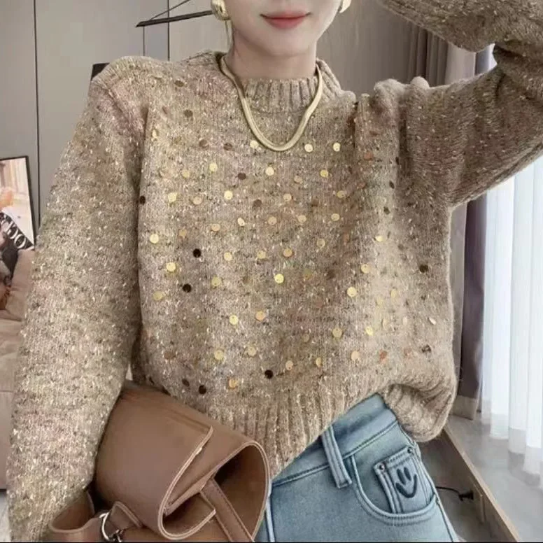 Retro heavy sequined sweater female 2024 new autumn and winter Korean fashion lazy wind high sense sweater top sweater