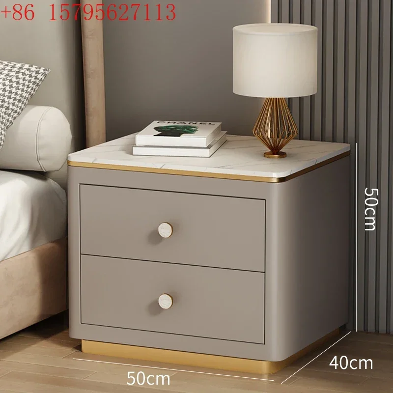 02All solid wood modern simple bedside table, rock slab leather bedroom, storage bedside cabinet