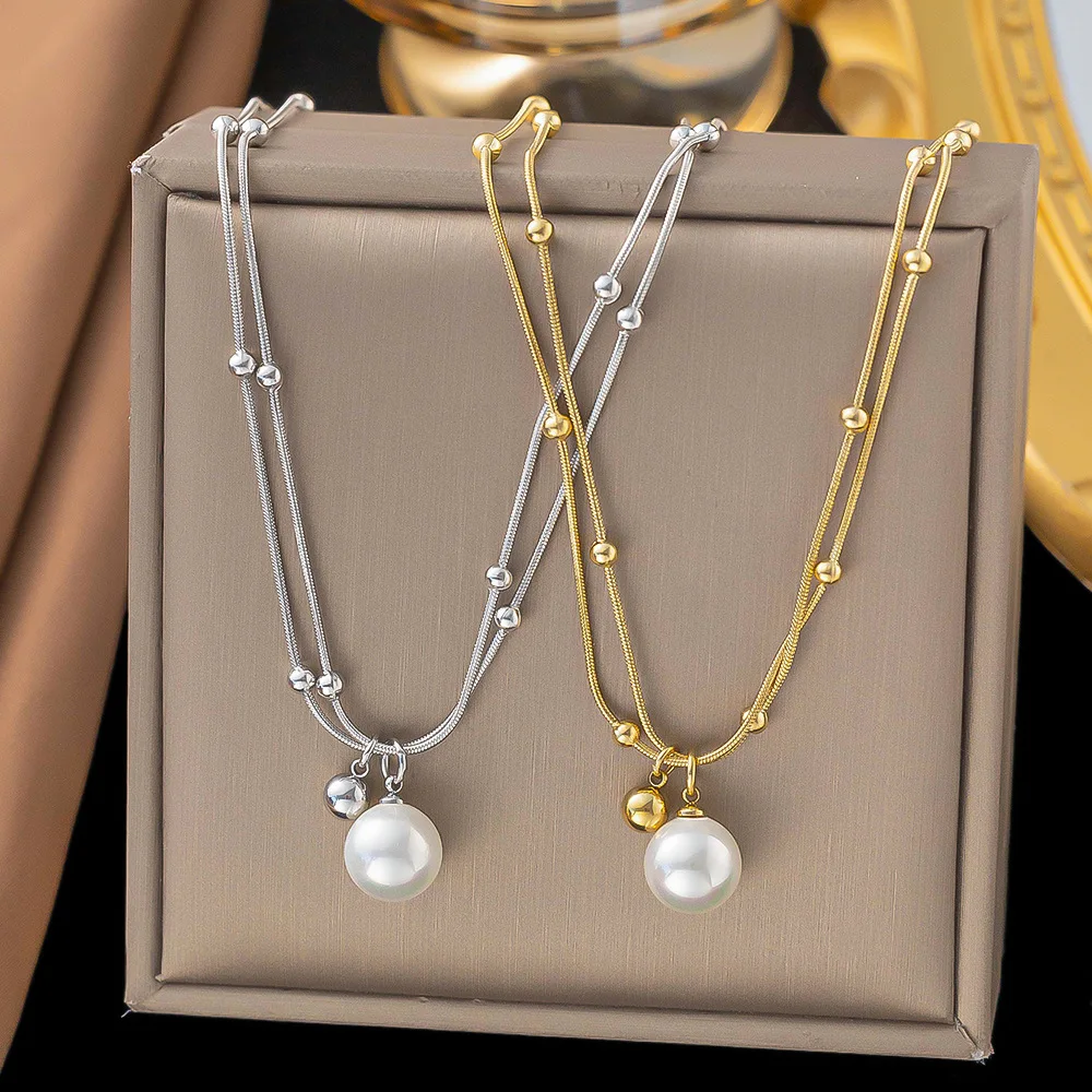 DIEYURO 316L Stainless Steel Golden Beads Imitation Pearls Pendant Double Layer Necklace Lady Trend Classic Neck Chain Jewelry