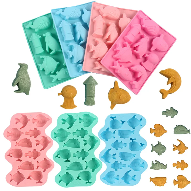 12 Hole Marine Fish Silicone Chocolate Mold Mix Animal Candy Biscuit Jelly Ice Cube Mould Cake Decor Soap Candle Baking Set Gift
