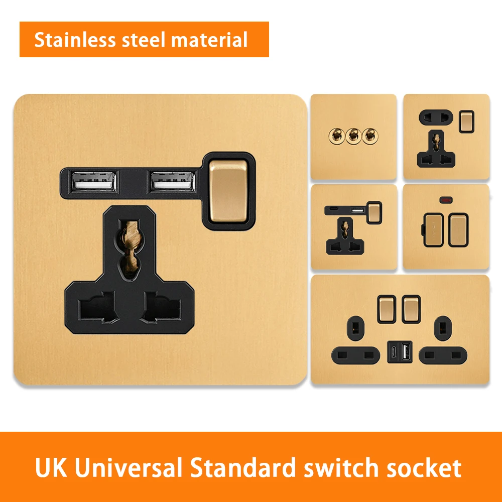 

Gold Brushed Stainless Steel Metal Toggle Wall Light Switch Vintage UK13A Dual Usb electrical outlet,Universal 5Pin Power Socket