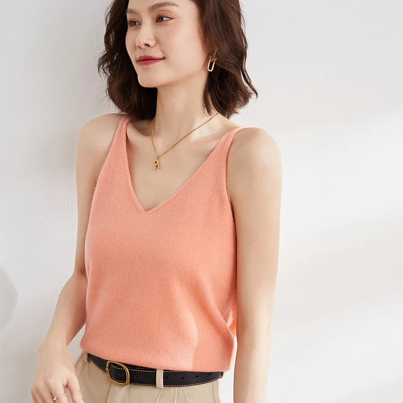 Korean Style Camisole Women's Solid Color V-Neck Short Sleeveless Thin Section Knitted Spring And Autumn Inner Slim Sweater Top