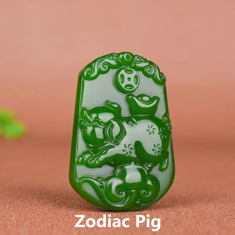 

Natural Green Hand Carved Pig Jade Pendant Fashion Boutique Jewelry Men and Women's Zodiac Rabbit Necklace Gift Accessories