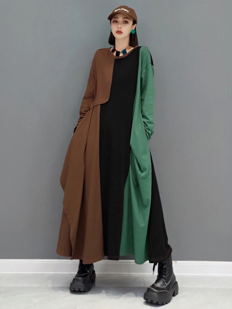 New Korean Style Brown Green Patchwork Hit Color Design Long Sleeve Woman Dress Loose Fit Big Size Casual Large Robe JJXD261