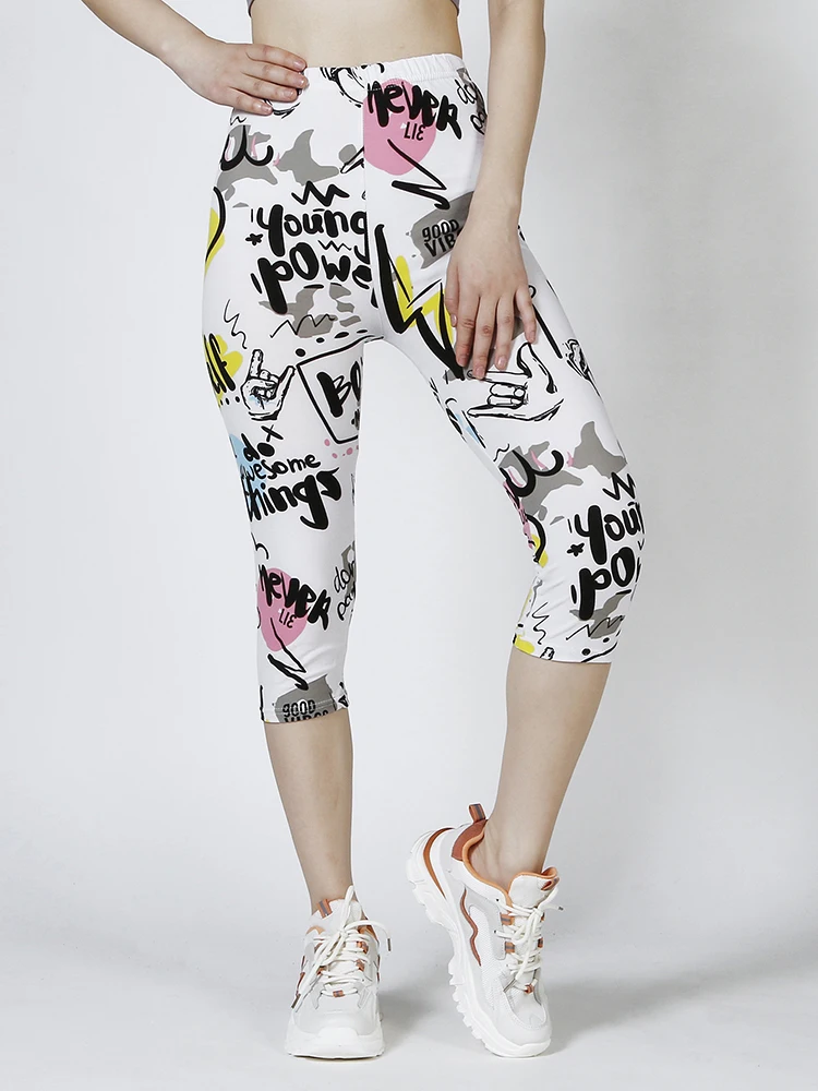 CUHAKCI Summer White Yellow Letter Printing Cropped Pants Soft Stretchy Casual Capri Sports Yoga Women Clothes Fitness Leggings