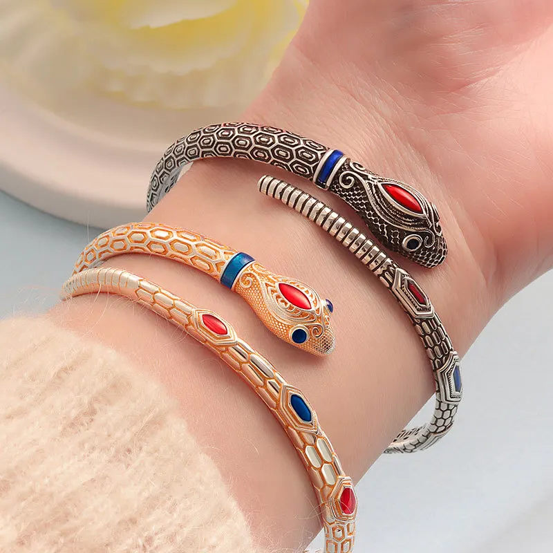 Chinese Zodiac Snake Wrap Bangle, Enamel Gilded Vintage Light Luxury Adjustable Bracelet Lucky Year Fashion Jewelry for Women