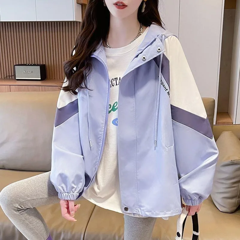 This Spring and Summer New Thin Versatile Loose and Laid-back Style Double-layer Windbreaker Hooded Jacket Color-blocked Design