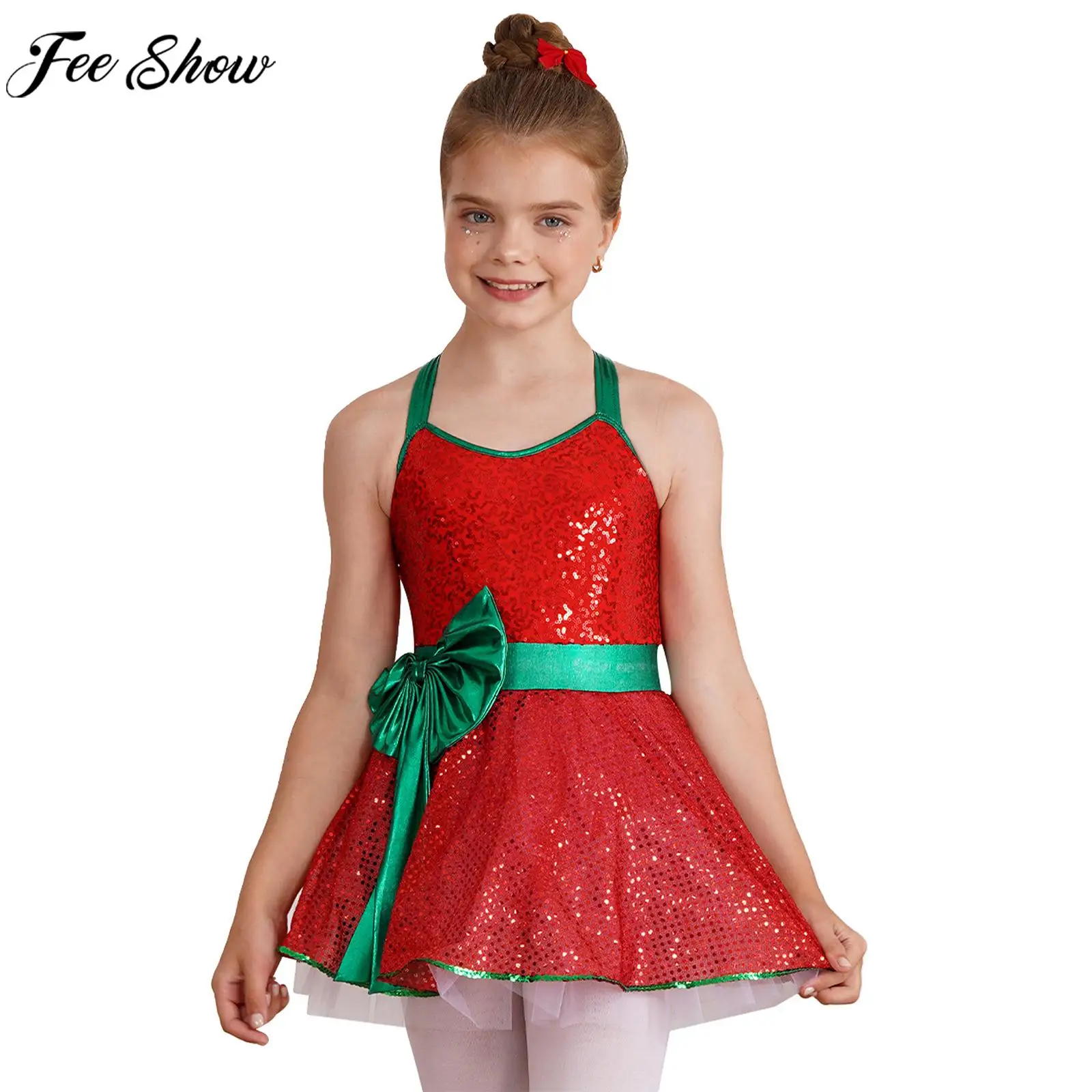 الفتيات عيد الميلاد فستان رقص بلا أكمام لامعة الترتر Bowknot توتو فساتين الباليه التزلج يوتار عيد الميلاد سانتا قزم تأثيري حلي #1