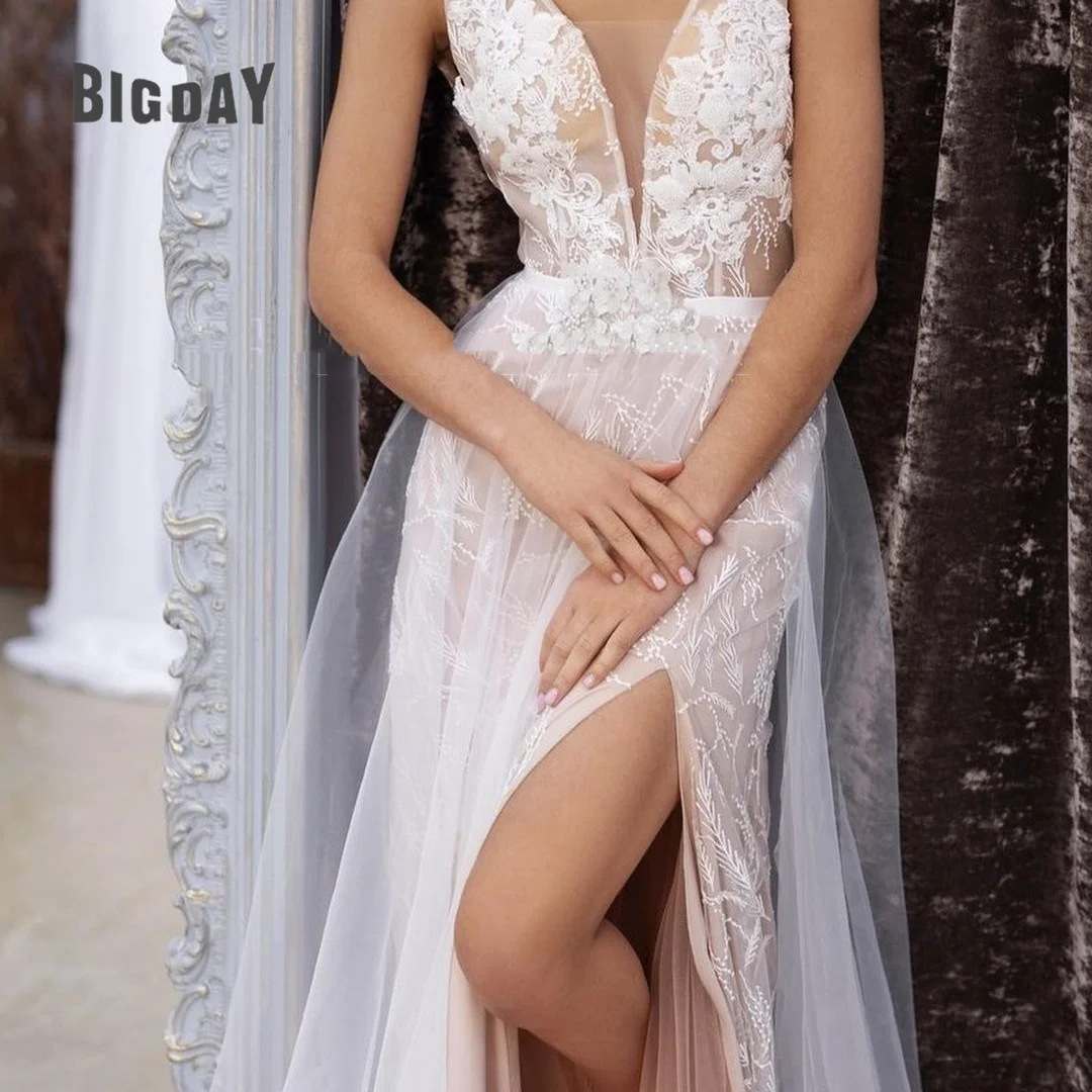 Exquisite Sexy Wedding Dress High Split Open Back Spaghetti Straps Bride Gowns Tulle Sweep Train Lace Appliques Vestido de Novia