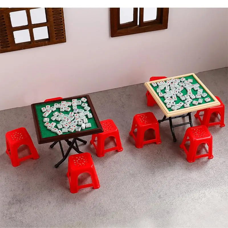 1Set Dollhouse Mahjong Table + Mahjong Tiles + 4 Red Chairs Miniature Home Decor Model Toy Doll House Furniture Accessories