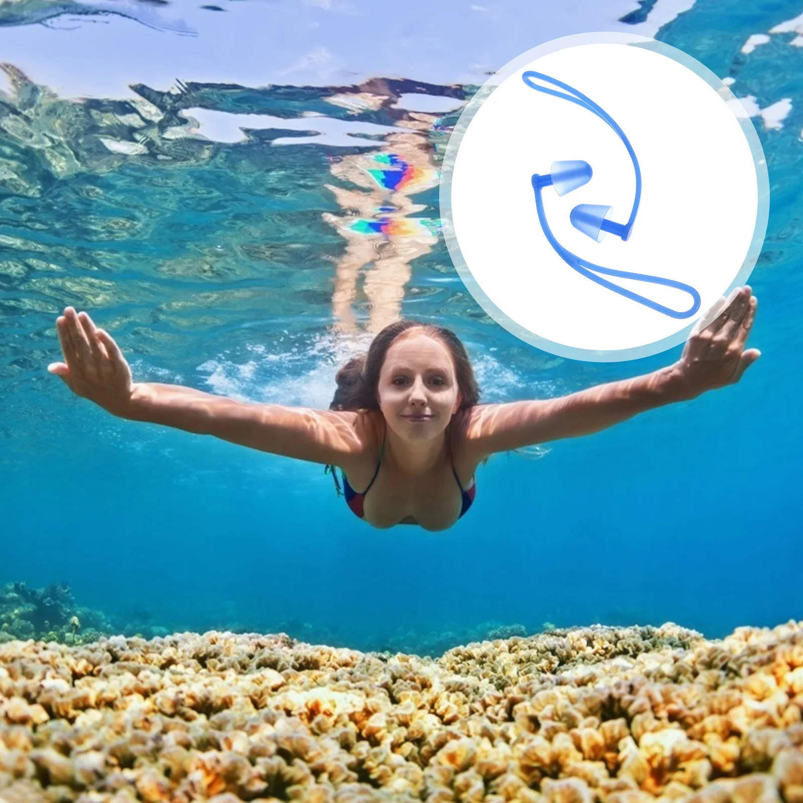

2pcs Silicone Waterproof Earplugs Swimming Underwater Ergonomic Design With Hanging Rope For Adults Blue Mushroom Shape