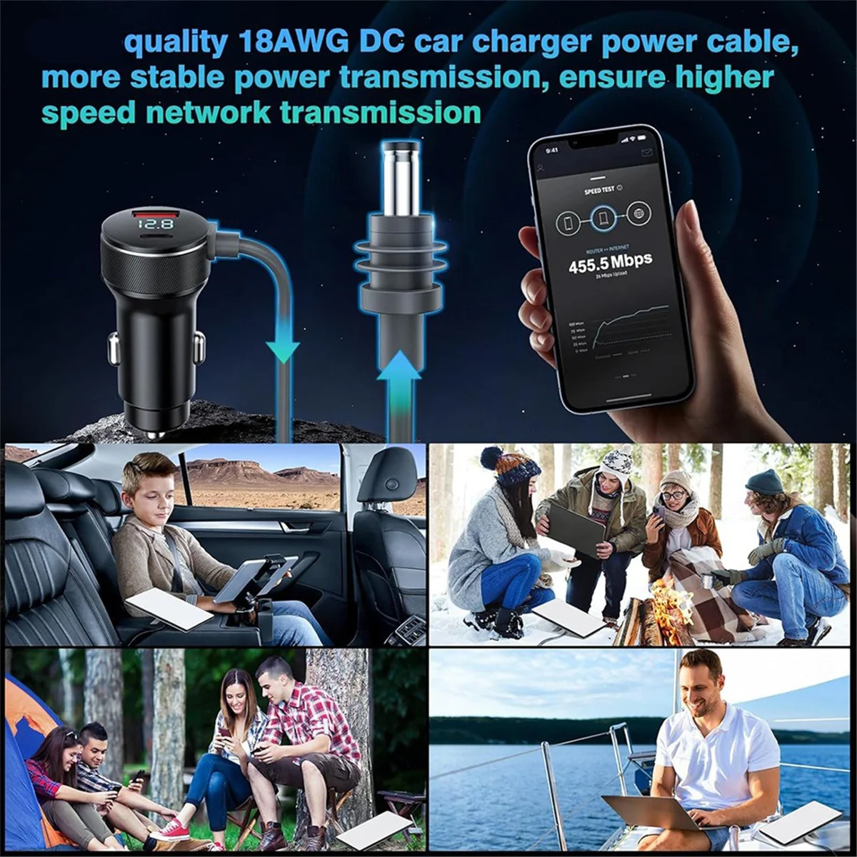 AA84 3-in-1 für Starlink Mini DC Stromkabel 65 W Schnellladegerät Typ-C USB-Buchse Zigarettenanzünder mit LED-Voltmeter-Anzeige