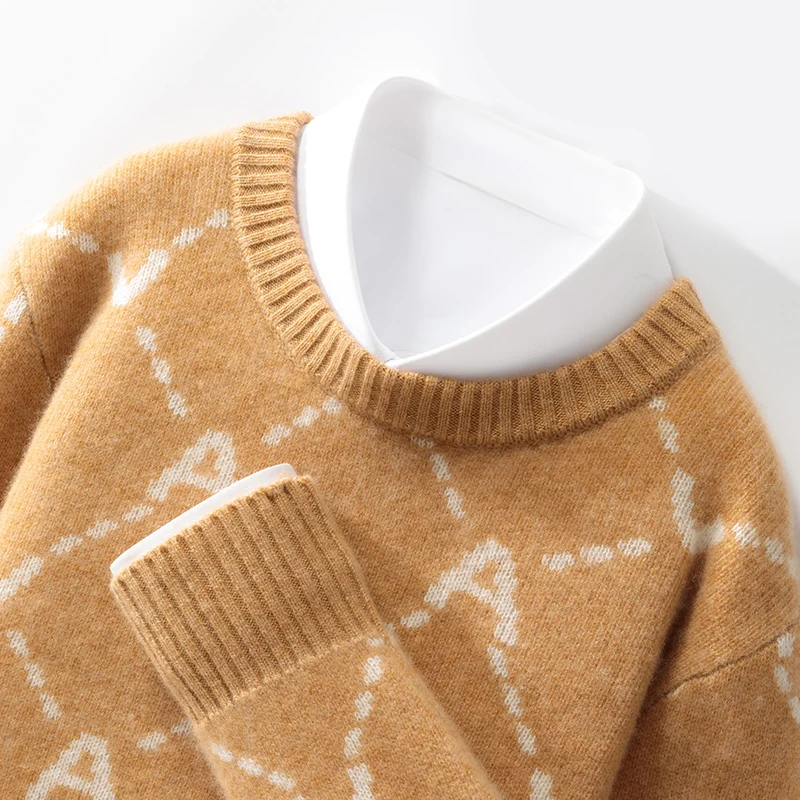 Autumn And Winter New Round Neck 100% Pure Wool Men's Color Matching Thick Sweater Loose Casual Knit Bottoming Shirt