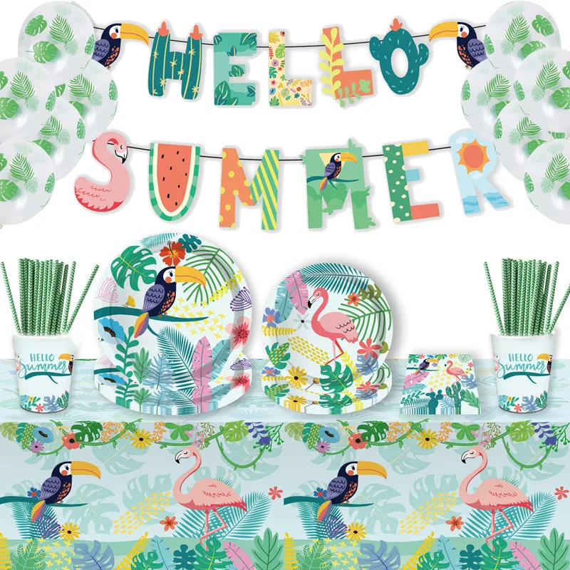 

Hawaii Flamingo Party Disposable Tableware Paper Napkins Cups Banner Summer Tropical Luau Hawaiian Birthday Party Decor Supplies