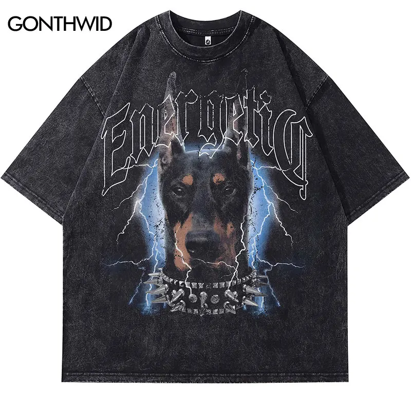 Men Black Tshirt Vintage Lightning Doberman Dog Graphic Print Washed T-Shirt Streetwear Harajuku Hip Hop Punk Gothic 2024 Tops