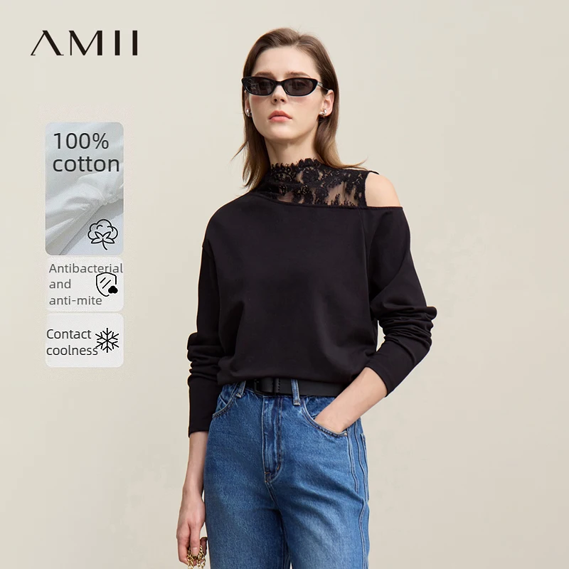 Amii Long Sleeve T-shirt 2026 Autumn New Elegant Commuter Cotton Lace T-shirt Loose Off-the-shoulder Casual Women's Top 12641026