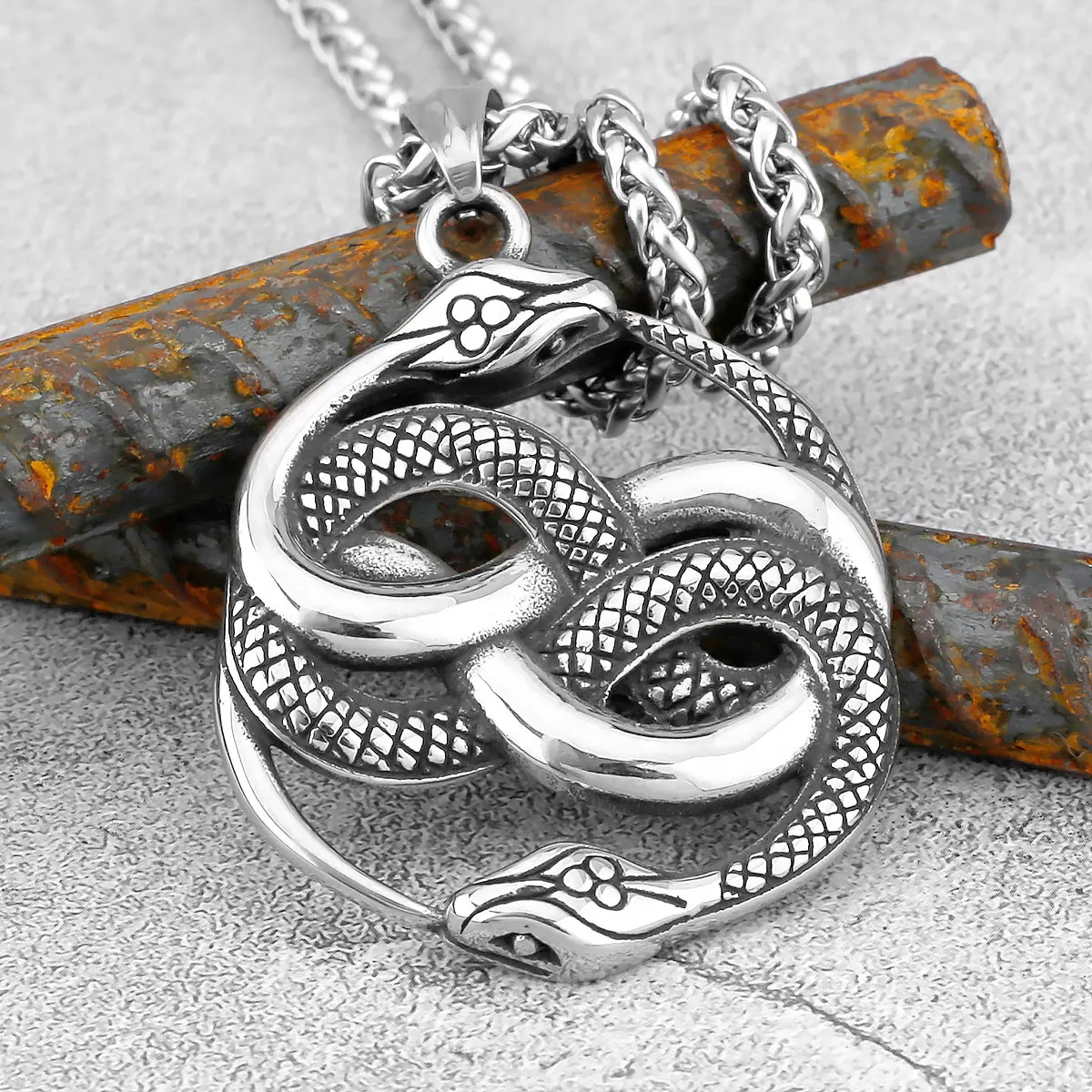 Vintage Creative Design Ouroboros Snake Viking Necklace Nordic Men Stainless Steel Double Snake Odin Pendant Amulet Jewelry New - view 3