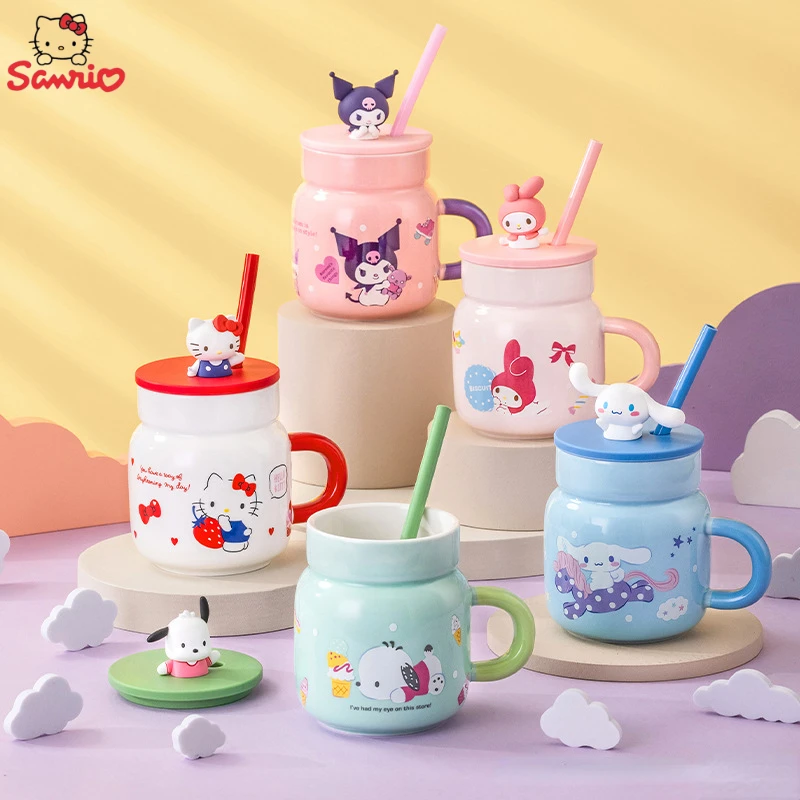 

Sanrio Kuromi Hello Kitty Cartoon Silicone Tape Lid Straw Cup Melody Ceramic Cup Coffee Milk with Handle Cup Best Christmas Gift