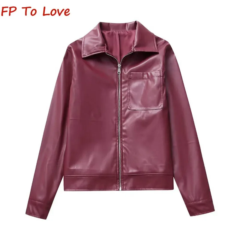 

2023 Autumn Winter Female Leather Jacket Coat PB&ZA Woman Red Pocket Trim Lapel Motorcycle Biker Jacket