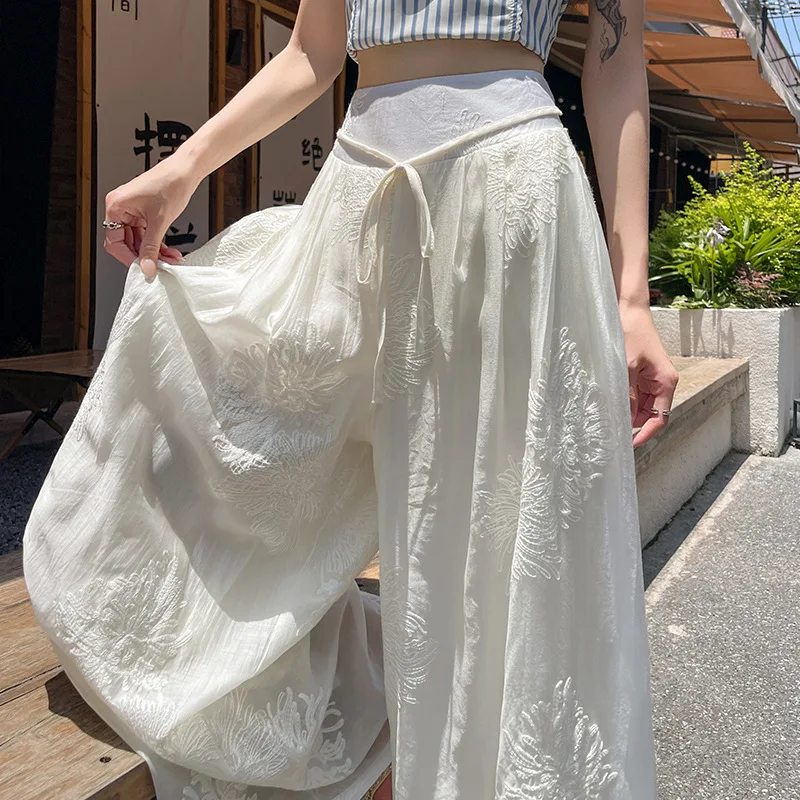 

2026 New Embroidery Wide Leg Pants Women High Waist Slim Fit Elastic Waist Tie Design Draped Chinese Casual Trousers Fashion