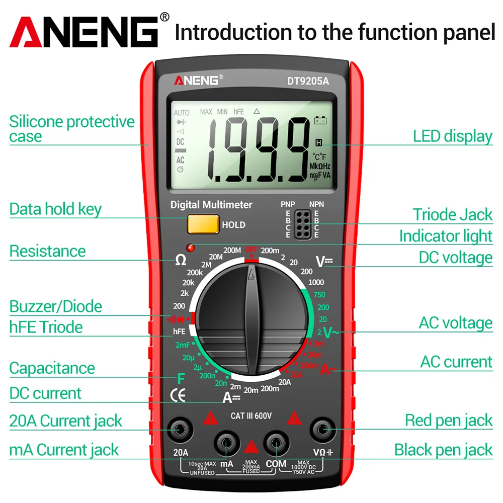 Newly ANENG DT9205A Digital True RMS Professional Multimeter AC/DC Current Tester hFE Ohm Capacitor Voltage Meter Detector Tool