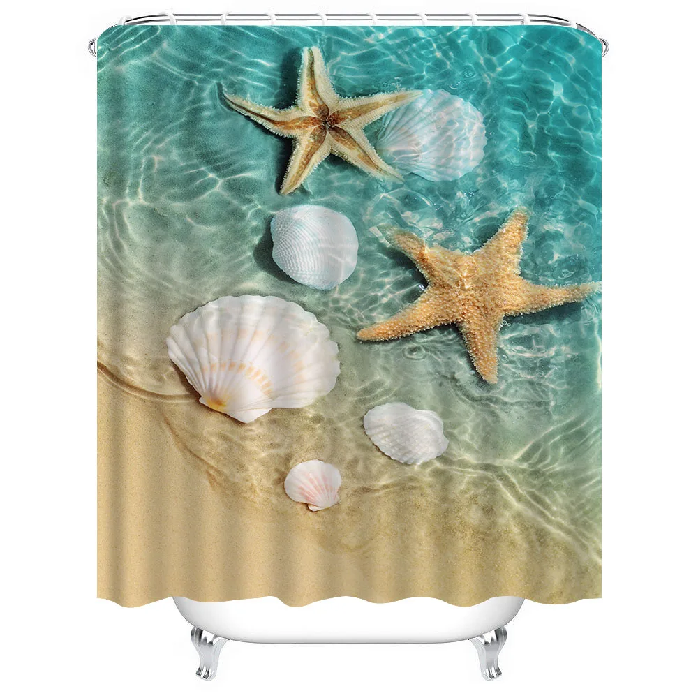 1pc Starfish Shells Shower Curtain Bathroom Partition Decorative Curtain Machine Washable Beach Print Window Privacy Curtain