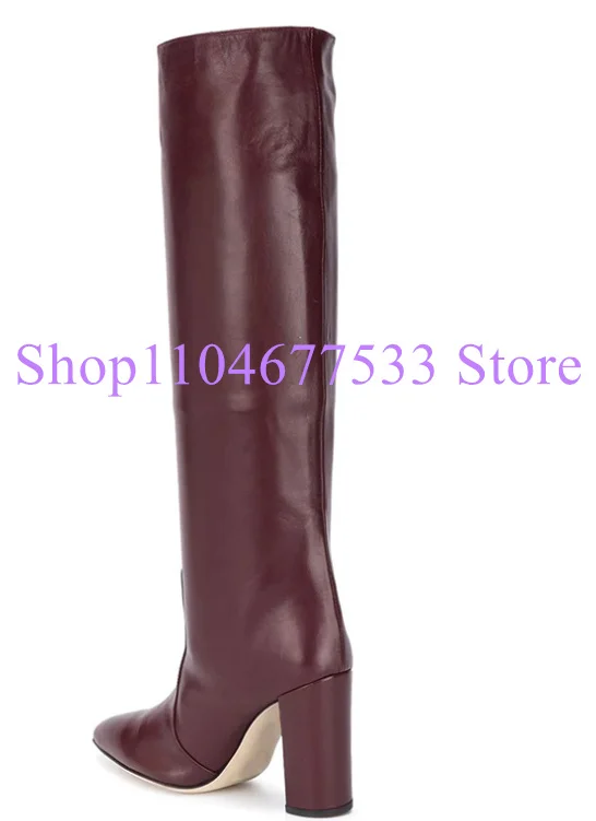 Wine Red Chunky Heel Woman Long Boots Fashion Pointed Toe Thick Heel Lady Knee High Boots Large Size Banquet Dress Shoes