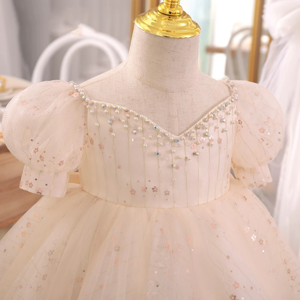 Luxury Sequined Pearls Ball Gown For Kids Wedding Birthday Party Fashion Puff Sleeve Girls Dresses Dance Performance Customized