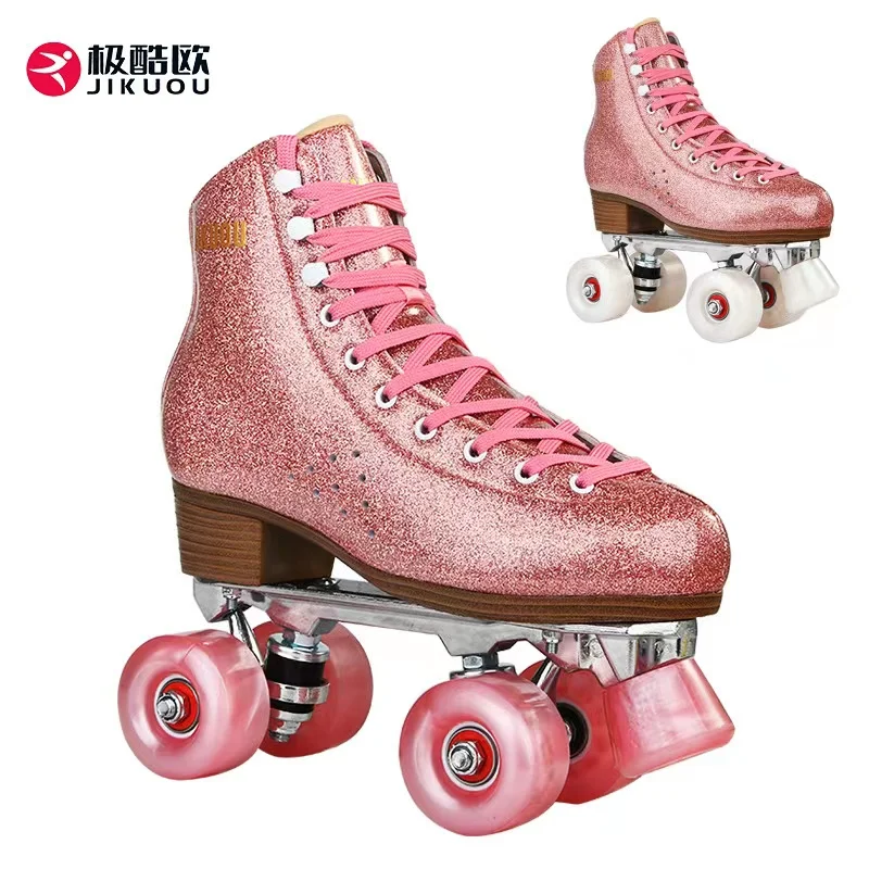 

Pink Leather Roller Skates Shoes for Women and Children, Skating, Quad Sneakers, 2 Row, 4 PU Wheels, High Quality