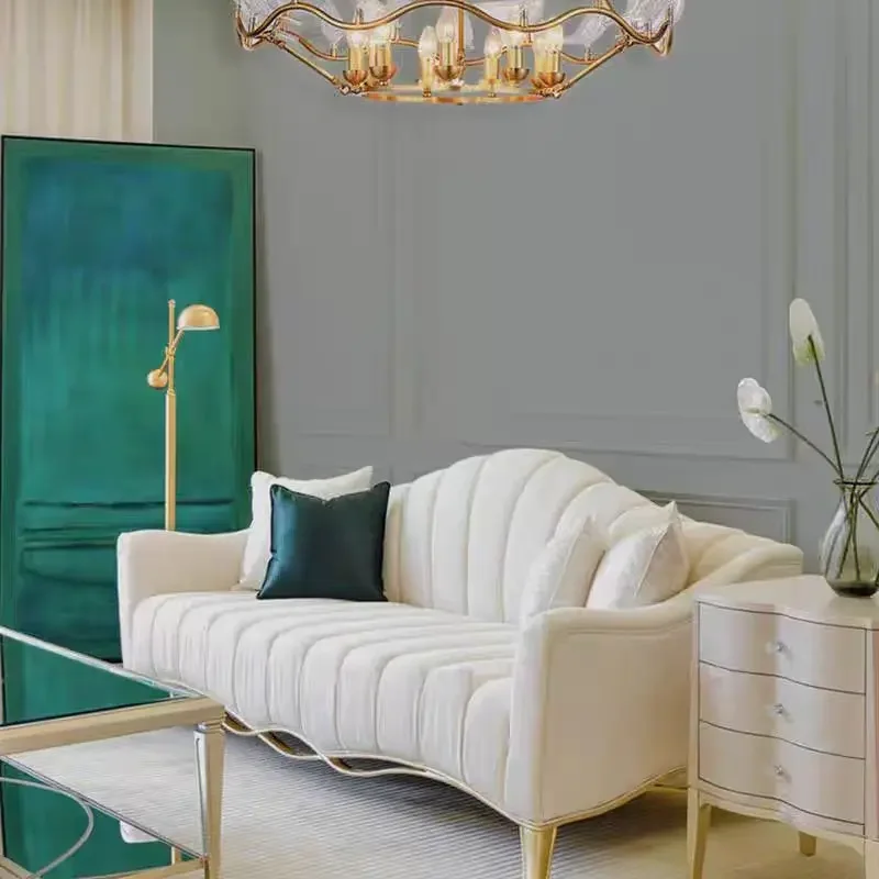 American light luxury solid wood fabric sofa combination French villa model room living room cream wind