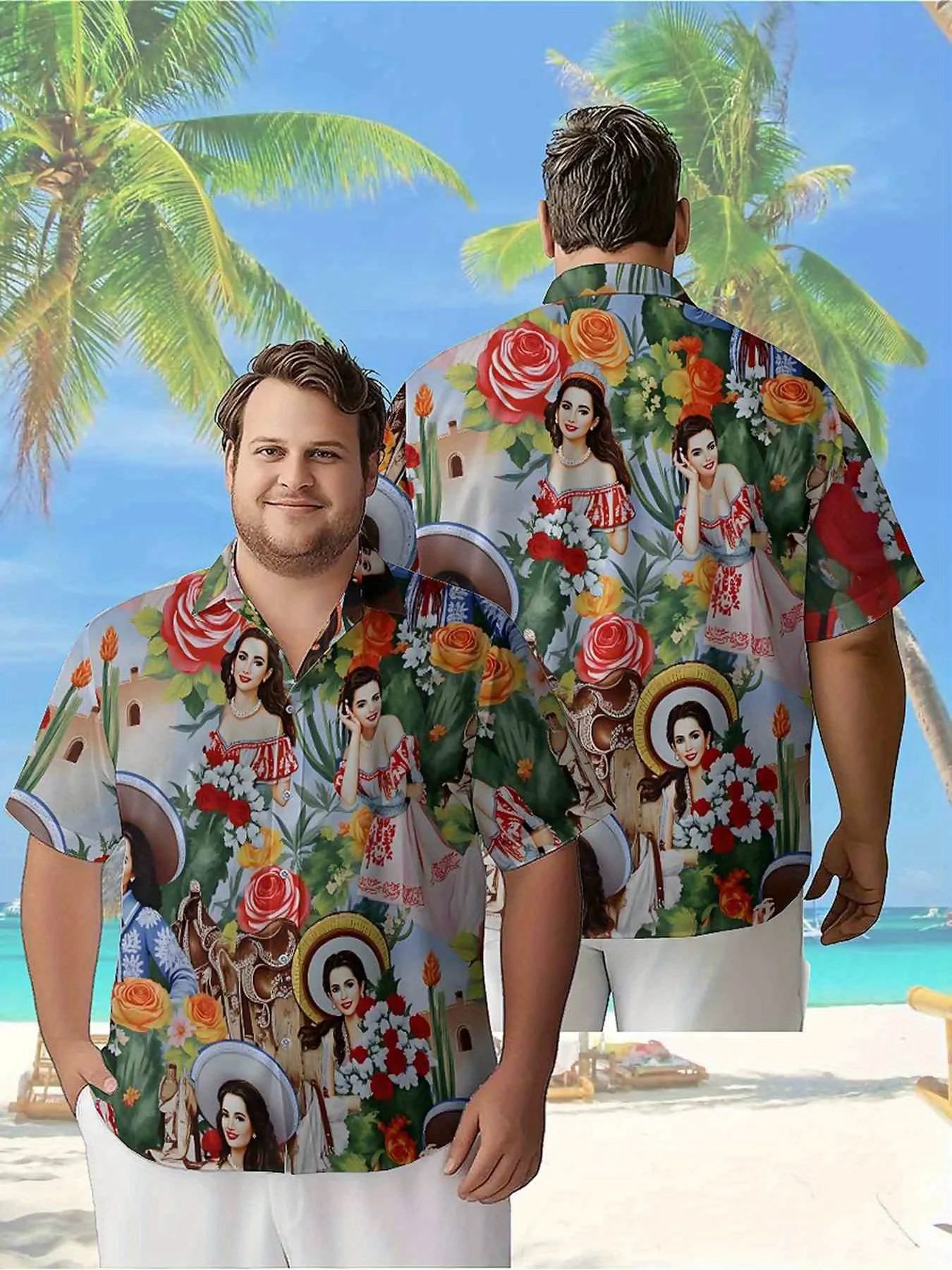 

Men's Plus Size Hawaiian ShirtsVintage Embroidery and Natural Flowerspattern, Unisex Aloha Shirts,New Summer Tops Tee,streetwear