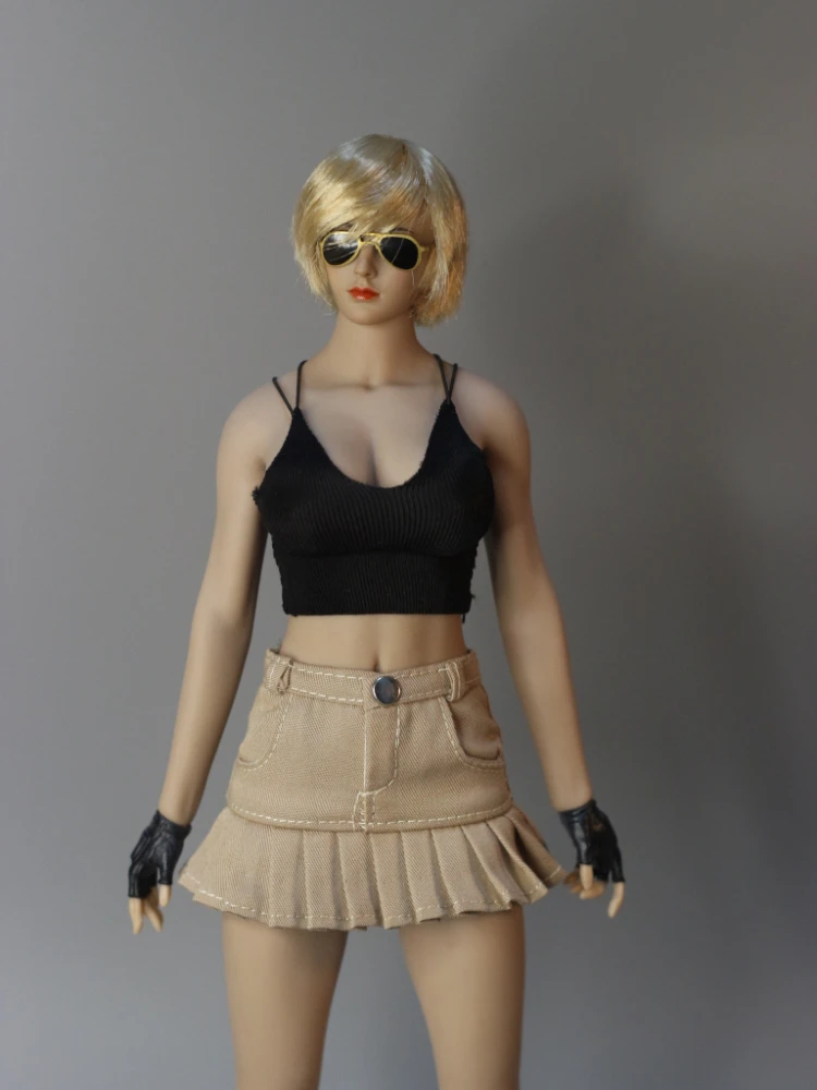 In Stock 1/6 Scale Female Mini Workwear Pleated Skirt White Tube Top Vest Cross Sling Knited Camisole for 12