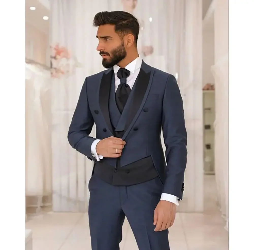 Handsome Slim Double Breasted Men Suit 3 Pieces Blazer+Pants+Vest Handsome Wedding Formal Work Causal Tailored Set