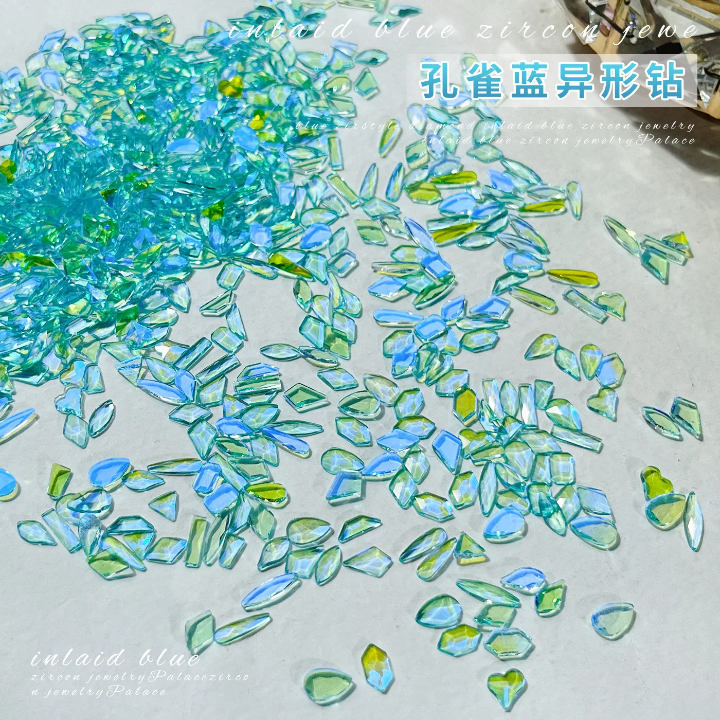 반짝 이는 얼음 투명한 플랫 바닥 불규칙한 지르콘 기하학 블루 그린 라인 석 하트 네일 아트 장식 액세서리 도구