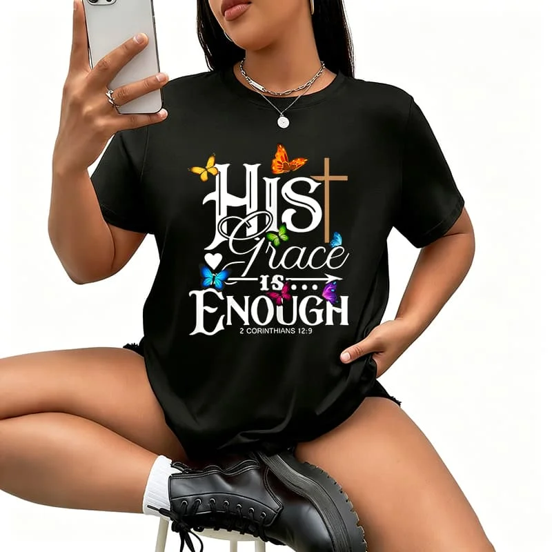 Grace Is Enough - Butterfly Art - Religious Women's T-Shirt 100% Cotton Funny Graphic Short Sleeve Tee Novelty Shirt Casual Crew Neck Top S-5Xl