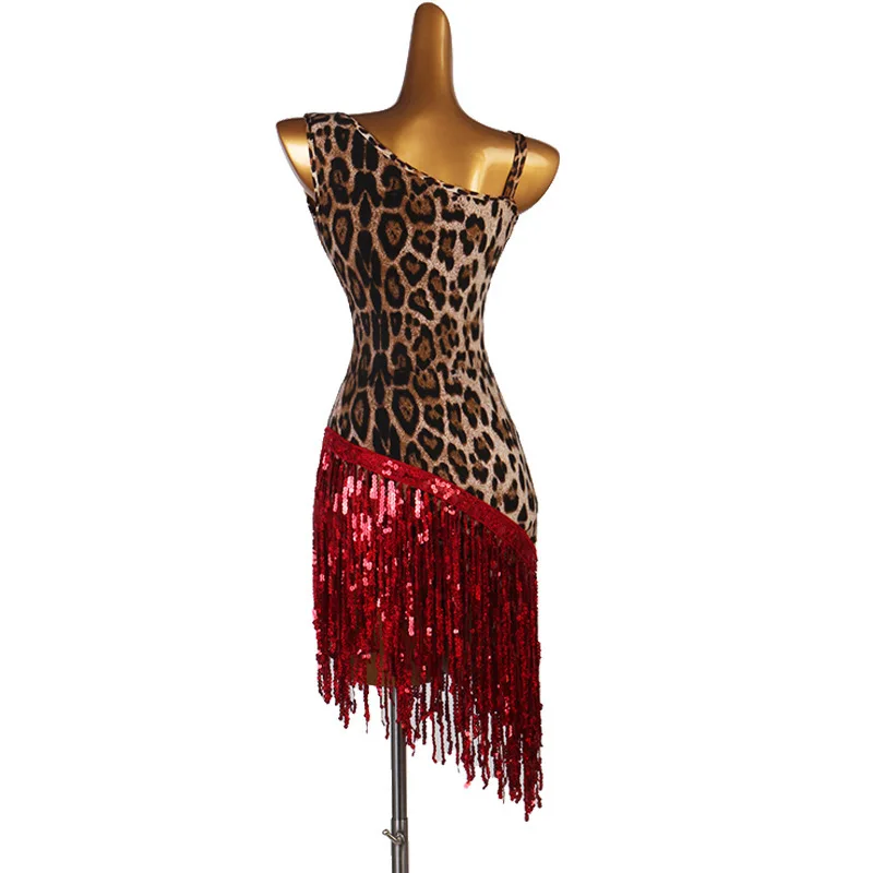 Customized Latin Dance Performance Suit with Sequins Tassels Latin Dance Dress Rumba 3 Step Stepping Dance Dress Leopard Pattern