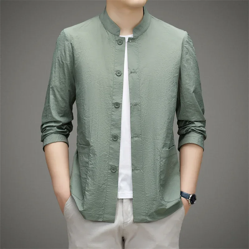 Sunscreen Breathable Shirts For Men Long Sleeve Polyamide Fiber Summer Quality Smooth Comfortable Stand Collar Camisas De Hombre