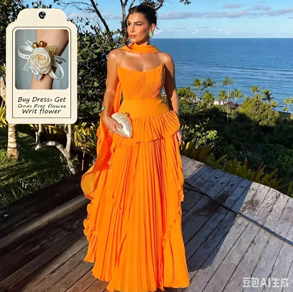 

Eightale 2025 Orange A Line Chiffon Maxi Evening Dress With Wrap Saudi Arabic Prom Dress Dubai Party Gown Customized